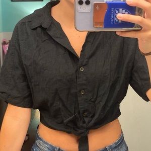 Black Cropped button down shirt with tie knot